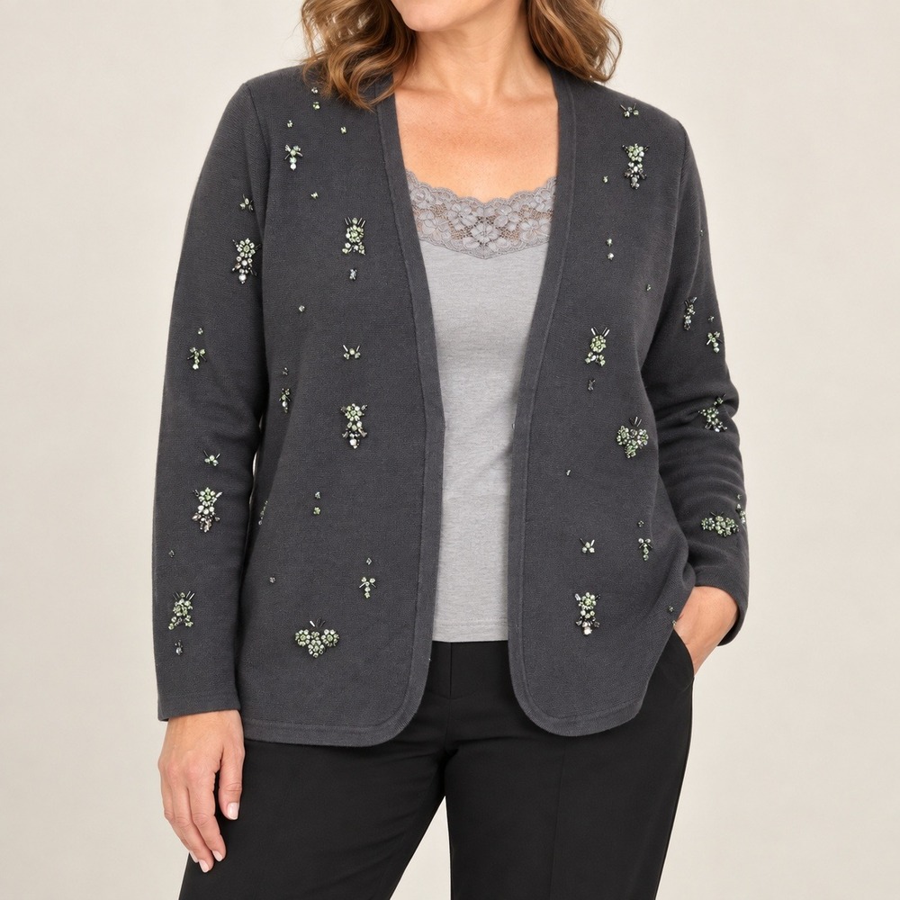 Chico's Gray Green Beaded Embellished Cardigan SZ LG Sophisticated Glam Occasion